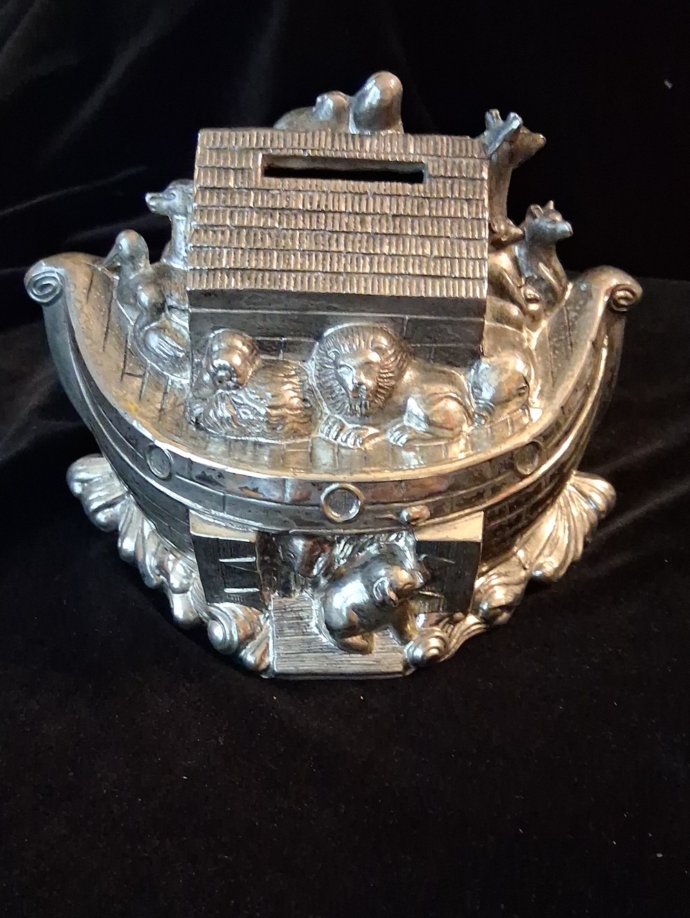 Gorham silvertone Noah's Ark coin bank with animals in relief